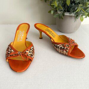 Salvatore Ferragamo CAROLIN Tweed 8 B Kitten Heel Sandals Mules Fall Lacquer